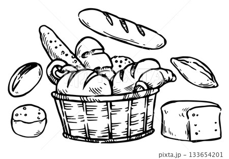 A basket with fresh baked goods, bread, and buns. Sketch vector illustration A basket with fresh baked goods, bread, and buns. Sketch vector illustration 133654201