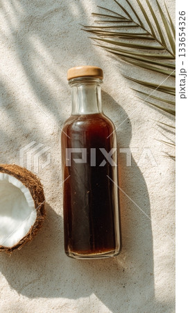 Coconut vinegar bottle displayed on sand-colored background with tropical palm leaves, showcasing artisanal fermentation and culinary trends in flavored vinegar 133654326
