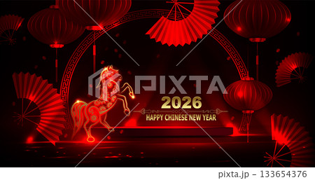 Happy Chinese New Year. Illustration with a golden, exquisite fire horse on a podium Happy Chinese New Year. Illustration with a golden, exquisite fire horse on a podium 133654376