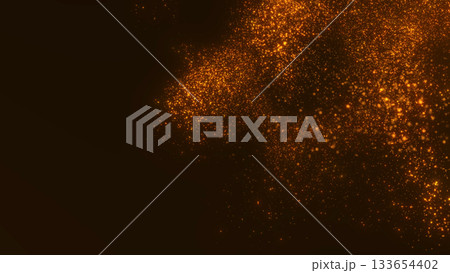 Sparkling golden particles forming a soft luxurious flow on a dark background. Elegant shimmering glitter design with glowing motion effect. Perfect abstract background for premium style visuals. 133654402