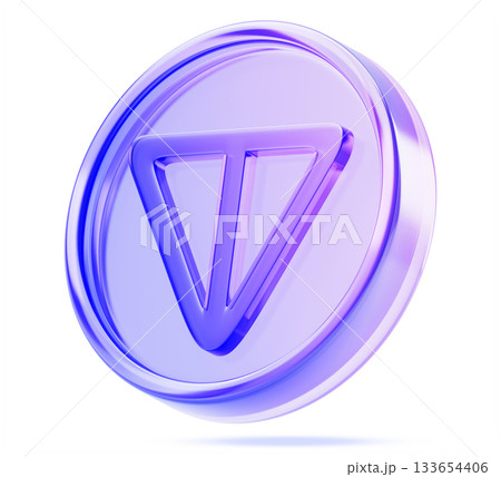 3d glass holographic Toncoin icon. TON native coin, cryptocurrency of the open network blockchain. Digital currency, token with purple blue neon gradient for transaction, game and nft. 3D illustration 133654406