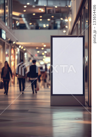 Shopping mall billboard mockup with walking silhouettes and soft glowing bokeh Shopping mall billboard mockup with walking silhouettes and soft glowing bokeh 133654486
