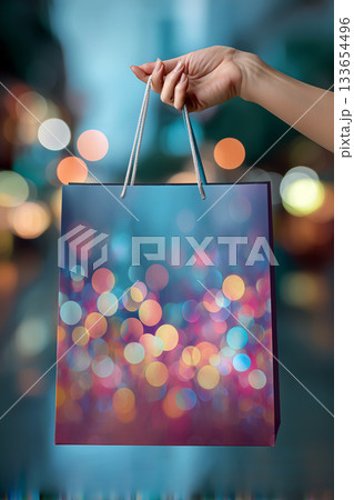 Shopping bag poster mockup held by hands with a vivid soft-focus bokeh background 133654496