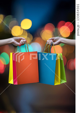 Colorful shopping bag mockup with solid design space and artistic blurred background 133654501