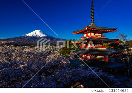 【山梨県_富士吉田市】富士山の夜明けと桜満開の新倉山浅間公園 4月 133654622