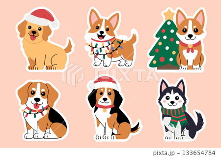 Cute collection of christmas dog stickers with various breeds wearing santa hats, perfect for festive projects 133654784