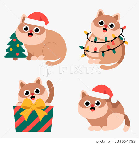 Collection of adorable christmas kitten stickers wearing santa hats and peeking from gifts, perfect for holiday messaging and projects 133654785