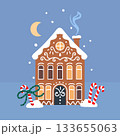 Gingerbread house illustration with candy decorations and snow, whimsical cookie home facade with icing ornaments, sweet bakery style vector on blue background 133655063