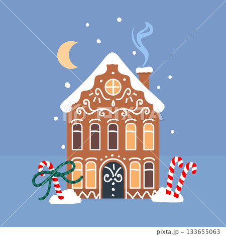 Gingerbread house illustration with candy decorations and snow, whimsical cookie home facade with icing ornaments, sweet bakery style vector on blue background Gingerbread house illustration with candy decorations and snow, whimsical cookie home facade with icing ornaments, sweet bakery style vector on blue background 133655063