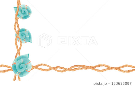Watercolor nautical rope frame with blue seashells isolated on white. Vintage marine corner border with twisted shells and waves. 133655097