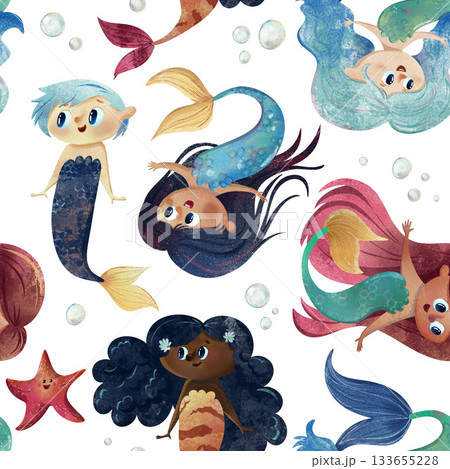 Cute seamless mermaid pattern with diverse happy mermaids, bubbles, starfish, girls, merman boy, colorful hair tails. Watercolor kids illustration for fabric, nursery wallpaper, apparel, stationery 133655228