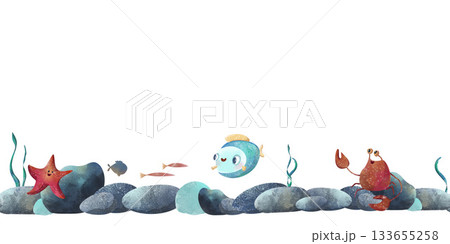 Cute seamless pattern with happy little mermaid, fish, bubbles and seabed rocks. Watercolor children's illustration, perfect for fabric, nursery wallpaper, kids apparel, stationery 133655258