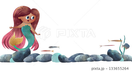 Cute seamless pattern with happy little mermaid, fish, bubbles and seabed rocks. Watercolor children's illustration, perfect for fabric, nursery wallpaper, kids apparel, stationery Cute seamless pattern with happy little mermaid, fish, bubbles and seabed rocks. Watercolor children's illustration, perfect for fabric, nursery wallpaper, kids apparel, stationery 133655264