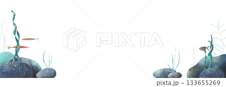 Cute watercolor illustration frame of underwater stones with swaying green seaweed. Perfect for children's books, educational materials, ocean themes, stickers, and nursery decor. Simple, whimsical Cute watercolor illustration frame of underwater stones with swaying green seaweed. Perfect for children's books, educational materials, ocean themes, stickers, and nursery decor. Simple, whimsical 133655269