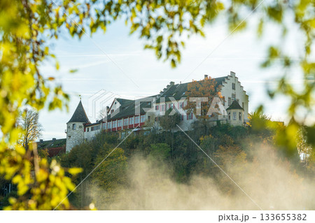 秋の紅葉に囲まれた崖の上に立つラウフェン城。スイス、チューリッヒ州ラウフェン 133655382