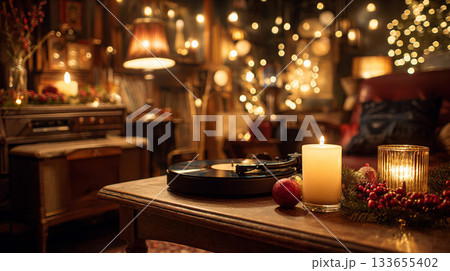 レコードプレーヤーとキャンドルが灯るヴィンテージなクリスマスルームの温かな一角 133655402