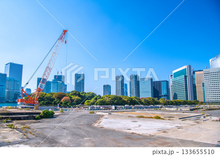 日本の東京都市景観 汐留のビル群や旧築地市場（6）仮設搬出入路及び荷揚げ桟橋上部工撤去工事などを望む 133655510