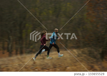 Runners in dynamic stride captured with long-lens blur on autumn trail 133655529