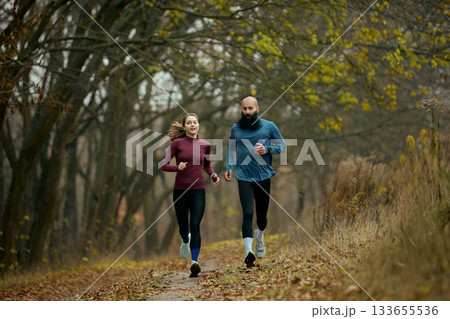 Active runners moving forward on forest trail in crisp autumn season 133655536