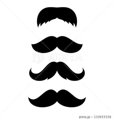 Set of four moustache silhouettes. Classic black vector mustaches in minimal flat style for barbershop logos, retro icons and graphic design projects. 133655538