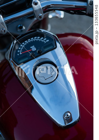 A close-up of a motorcycle's gas tank. A close-up of a motorcycle's gas tank. 133655548
