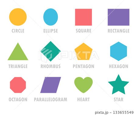 Colorful vector set of basic geometric shapes. Circle, triangle, star, hexagon, and more flat icons for learning Colorful vector set of basic geometric shapes. Circle, triangle, star, hexagon, and more flat icons for learning 133655549