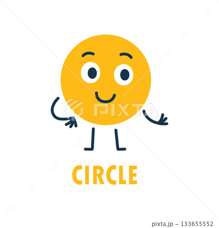 Yellow circle cartoon character with smiling face, arms and legs. Fun geometric vector design for children math learning and posters 133655552