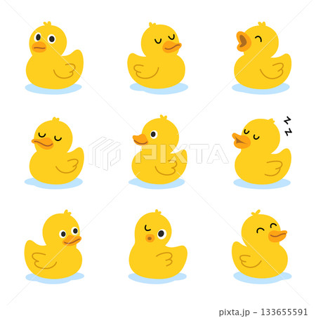 Set of yellow rubber ducks in cute poses. Fun cartoon bath toy vector collection for prints, children decor, and clipart projects. 133655591