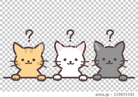 横並びの3匹の猫とはてなマークのイラスト 横並びの3匹の猫とはてなマークのイラスト 133655592