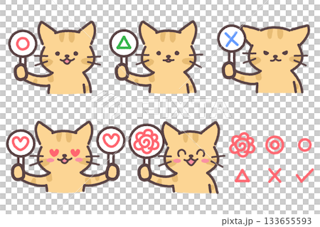 Illustration set of cats holding symbol plates (circle, triangle, X, heart, flower circle) Illustration set of cats holding symbol plates (circle, triangle, X, heart, flower circle) 133655593
