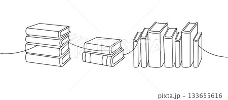 Minimalist line illustration of stacked books in horizontal row drawn in clean black outlines Minimalist line illustration of stacked books in horizontal row drawn in clean black outlines 133655616