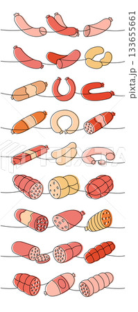 Set of sausages products. Butchery menu one line colored continuous drawing. Vector illustration Set of sausages products. Butchery menu one line colored continuous drawing. Vector illustration 133655661