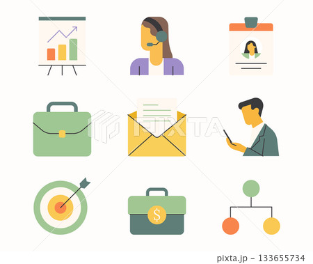 Business flat icon set. Icon design in minimal flat style. Design for office, finance, communication and management. 133655734