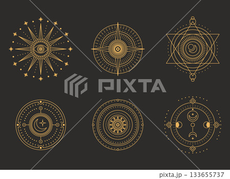 Set of moon and sun line art. Minimal boho linear symbols. Celestial mystic element. Vector line art illustration 133655737