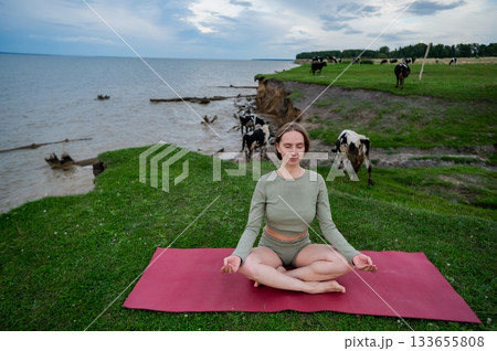 Caucasian woman doing yoga on the river bank among a herd of cows. Caucasian woman doing yoga on the river bank among a herd of cows. 133655808