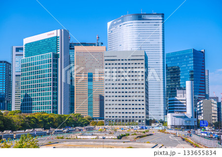 日本の東京都市景観 汐留のビル群や旧築地市場（6）仮設搬出入路及び荷揚げ桟橋上部工撤去工事などを望む 133655834