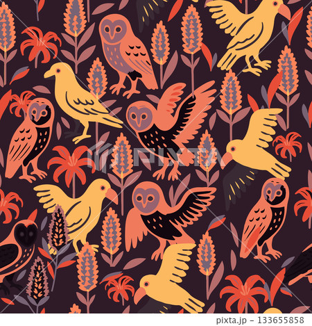 Stylish seamless pattern with barn owls and southern giant petrel birds in flight, stylized anise hyssop and tropical flora. Perfect for textile. Stylish seamless pattern with barn owls and southern giant petrel birds in flight, stylized anise hyssop and tropical flora. Perfect for textile. 133655858