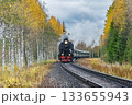 Steam retro train moves in the autumn forest at sunrise. 133655943