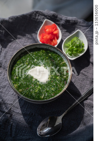 Traditional Russian lunch in a cafe. Top view of okroshka.  133656000