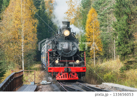 Steam retro train moves in the autumn forest. Steam retro train moves in the autumn forest. 133656053