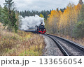 Steam retro train moves in the autumn forest. 133656054