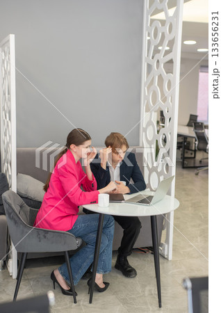 Colleagues are sitting at a laptop and discussing work. Colleagues are sitting at a laptop and discussing work. 133656231