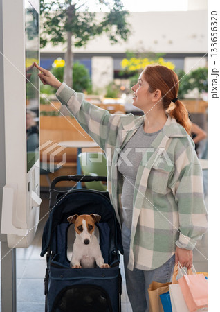Caucasian woman makes a purchase at a self-service counter with a Jack Russell terrier dog in a stroller in a shopping center. 133656320