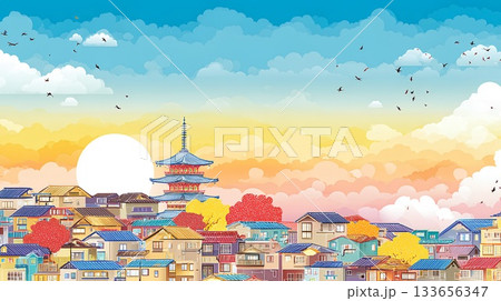春の行楽地を見る観光地の風景のイラスト素材 [133656347] - PIXTA