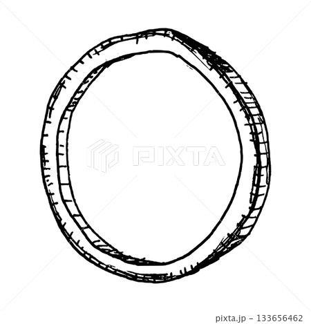 Black and white vector illustration of a single onion ring with textured outer layers. Detailed line work makes it suitable for ingredient sets, burger graphics, salad themes and pizza toppings 133656462