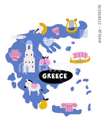 Greece Map with Greek Symbols – Ancient Icons, Columns, Olives, Vase and Boat. Colorful Vector Illustration 133656536