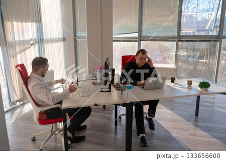 Two Caucasian men working in an office.  133656600