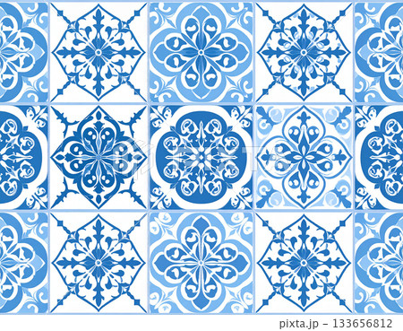 Decorative material. Texture of ceramic tiles with geometric patterns in blue color. English style. Building materials. Design mockup and background. Decorative material. Texture of ceramic tiles with geometric patterns in blue color. English style. Building materials. Design mockup and background. 133656812