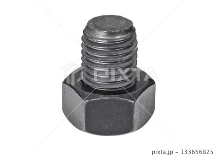 Black bolt with screwed nut on a white background 133656825