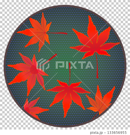 円形背景のついた紅葉したモミジの葉っぱのイラスト 133656955